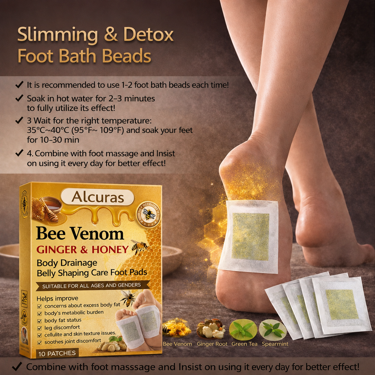 Alcuras® Bee Venom Ginger Herbal Foot Patches (Set of 10)